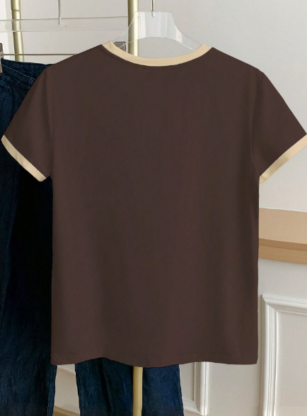 Shein Bow Print Color Block Round Neck Short Sleeve T-Shirt -.