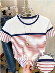 Shein Striped Patchwork Casual Round T-Shirt, XL >
