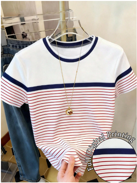 Shein Striped Patchwork Casual Round T-Shirt, XL >
