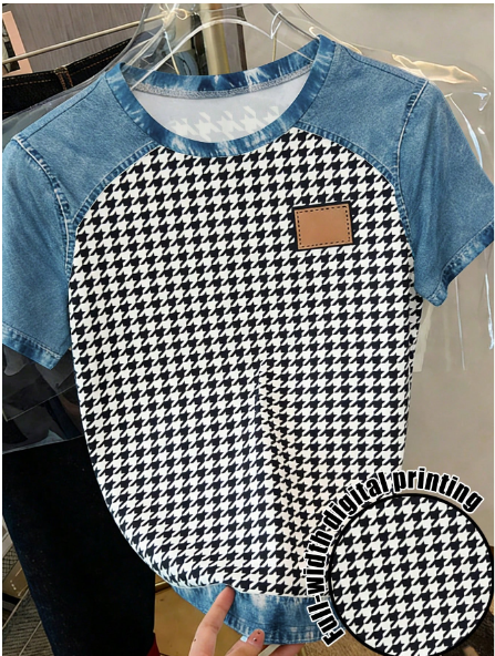 Shein Women's Houndstooth Print Patchwork Round Neck Short Sleeve T-shirt>