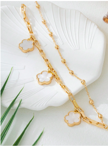 Shein Elegant White Metal Flower Pendant Multi-Layer Anklet >