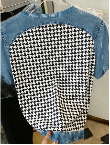 Shein Women's Houndstooth Print Patchwork Round Neck Short Sleeve T-shirt>