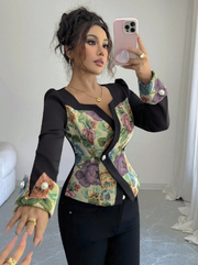 Shein Color Jacquard Patchwork Long Sleeve Cardigan Jacket, S -.