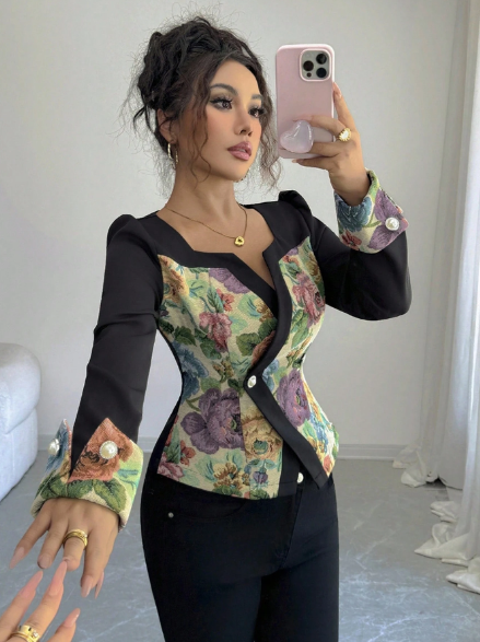 Shein Color Jacquard Patchwork Long Sleeve Cardigan Jacket, S -.