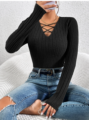 Shein Lace Up Front Ribbed Knit Tee, M -.