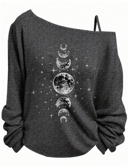 Shein Plus Size Star & Moon Pattern Sleeveless Shoulder Strap Long Sleeve T-Shirt, 3XL>