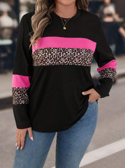 Shein Plus Size Women Leopard Patchwork Round Neck Long Sleeve T-Shirt, XXL>