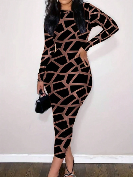 Shein Geometric Pattern Long Sleeve Dress, XL >