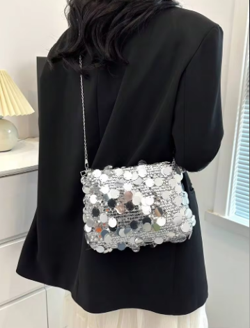Shein Shiny Sequin Chain Crossbody Bag, Premium Vacation Essential Beach Style Bag >