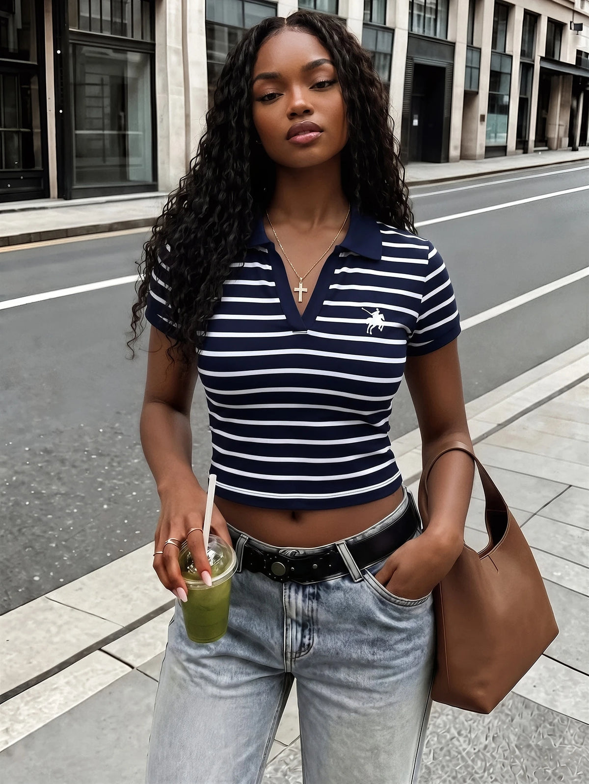 Women's Striped Equestrian Contrast Collar Polo Shirt