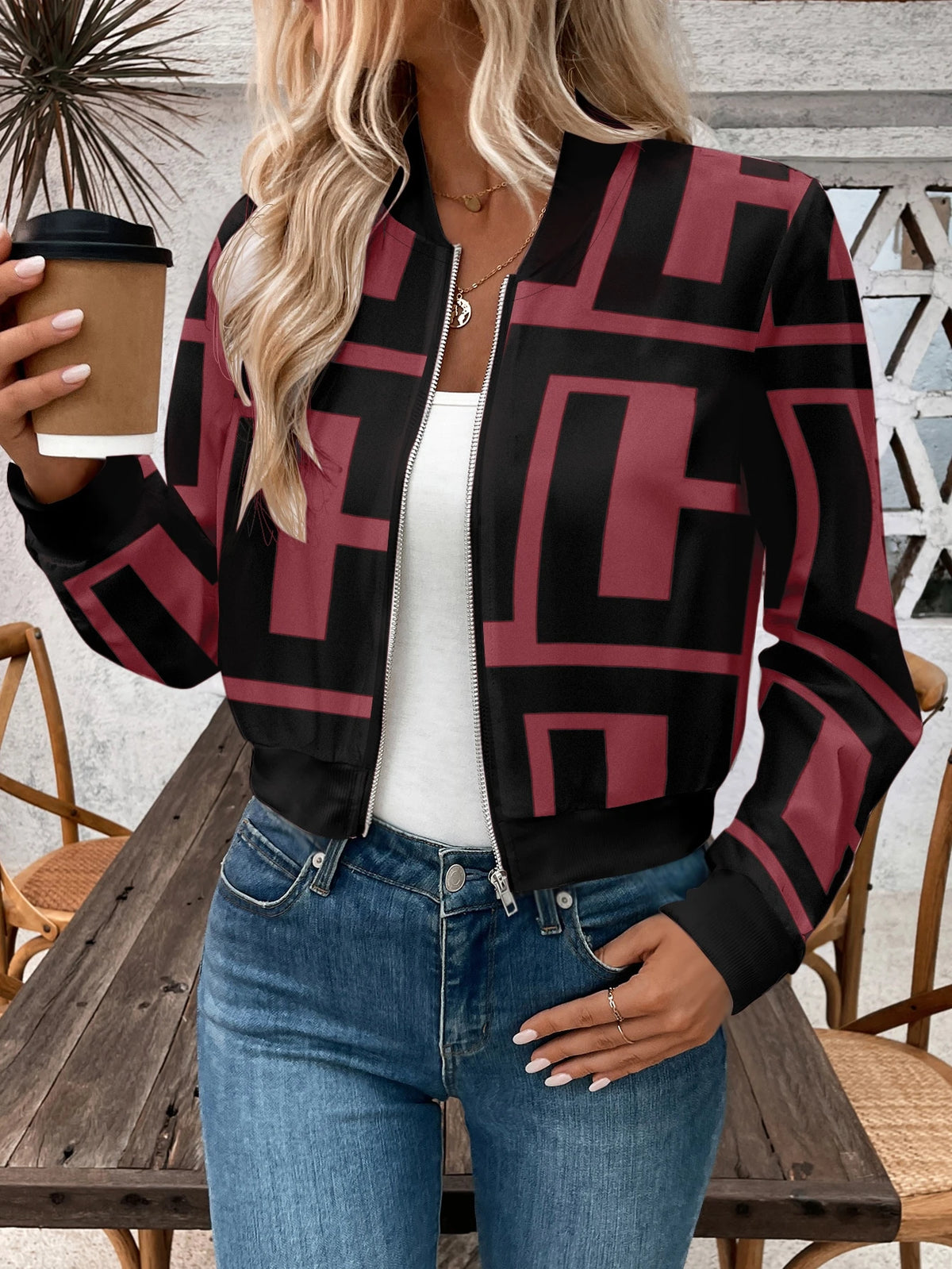 Women's Zipper Print Short Bomber Jacket