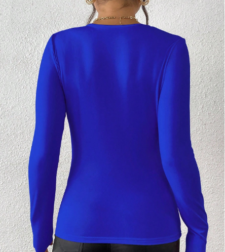 Shein Plain Blue Knitted Fabric Deep V Neck Long Sleeve T-Shirt, XS -.