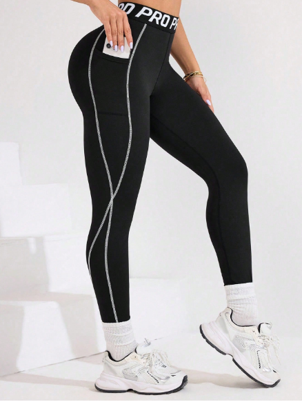 Shein Black Activewear Leggings With Color Block Waistband, S