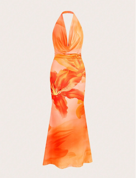 Shein Orange Hibiscus Flower Full Print V-Neck Dress, M>