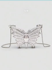 Shein 1pc Mini Metallic Silver Glitter Rhinestone Butterfly Clutch Bag>