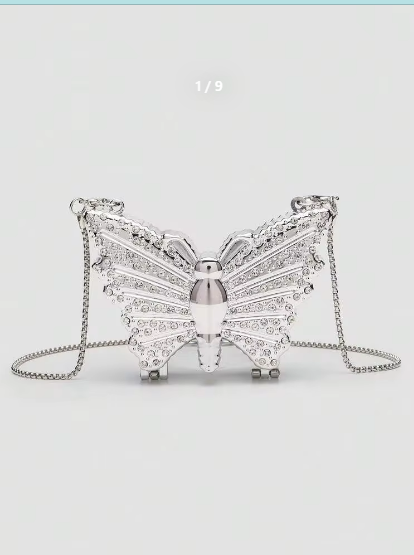 Shein 1pc Mini Metallic Silver Glitter Rhinestone Butterfly Clutch Bag>
