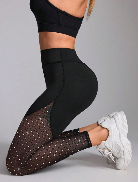 Shein Women's High Waist Shiny Sequin Mesh Panel Compression Yoga Pants -.