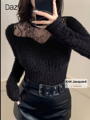 Shein Fuzzy Lace Patchwork Long Sleeve T-Shirt, S -.