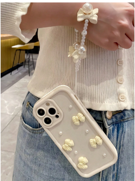 1pc Stepped Photo Frame Dopamine Geometric 3D Bow & Faux Pearl Bracelet Phone Case>