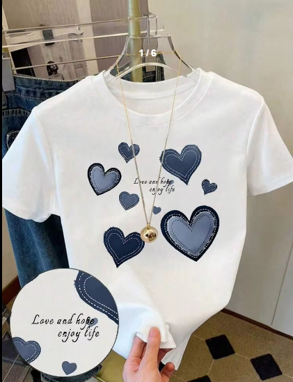 Shein Cropped T-Shirt, Sweet & Cool Denim-Look Heart Graphic Tee, 13T -.
