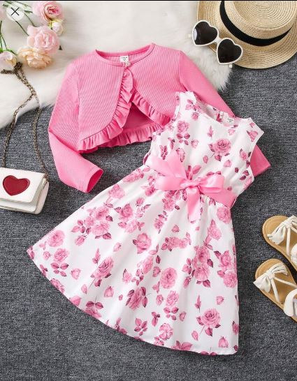 Shein Young Girl Floral Belted Dress With Ruffle Hem Cardigan, 4T +