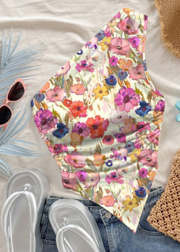 Shein Soleia Casual Floral Print Strapless Cropped Women Top-.