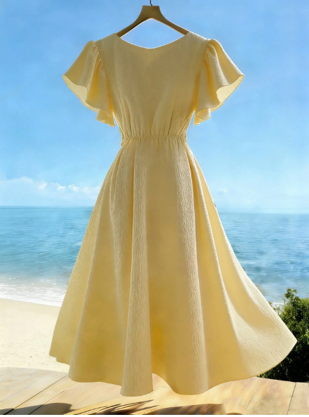 Shein PETITE Women's Pale Yellow Elegant Summer Holiday Dress, L >