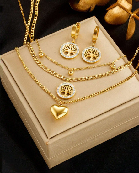 Shein Stainless Steel Heart & Tree Of Life Rhinestone Decor Necklace Earrings Jewelry Set +