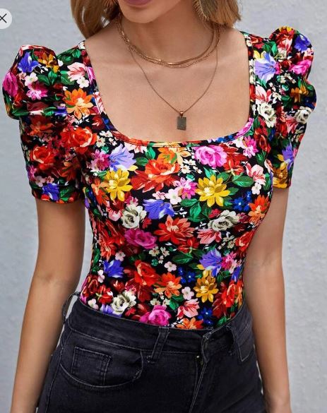 Shein Clasi Allover Floral Puff Sleeve Tee /