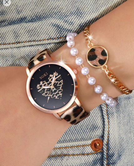 Shein 3Pcs/Set Ladies' Leopard Pu Strap Fashionable Personalized Love Dial Quartz Watch And Beaded Leopard Print Bracelet +