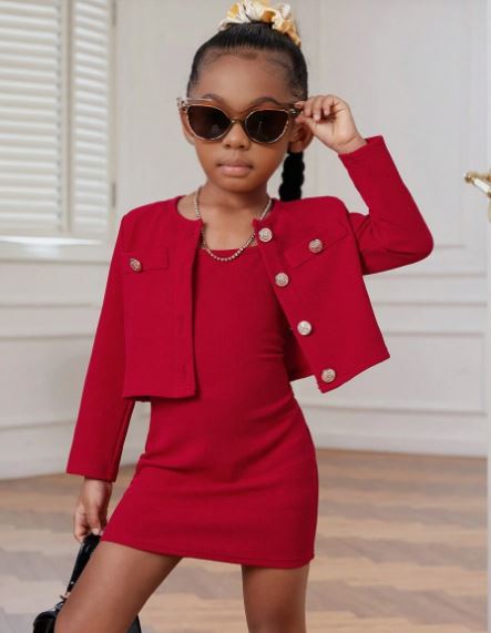 Shein Tween Girl Party & Casual Solid Knitted Cardigan Sweater & Fitted Camisole Dress Set, 4T +