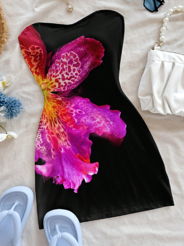 Shein Casual Resort Style Tropical Floral Pattern Mini Dress, XXL +