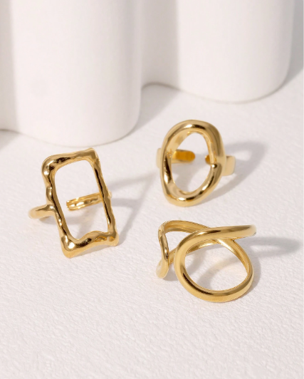 Shein 3pcs Set High-End Plated Stainless Steel Geometric Square & Oval Open Ring +