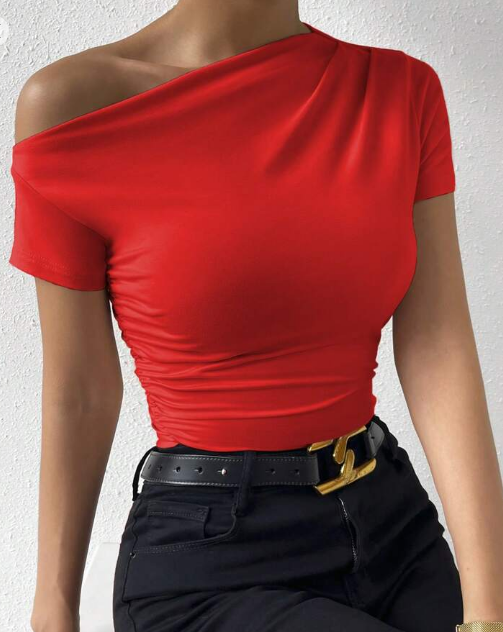 Shein Asymmetrical Neckline Short Sleeve Slim Fit T-Shirt With Pleats, XL +