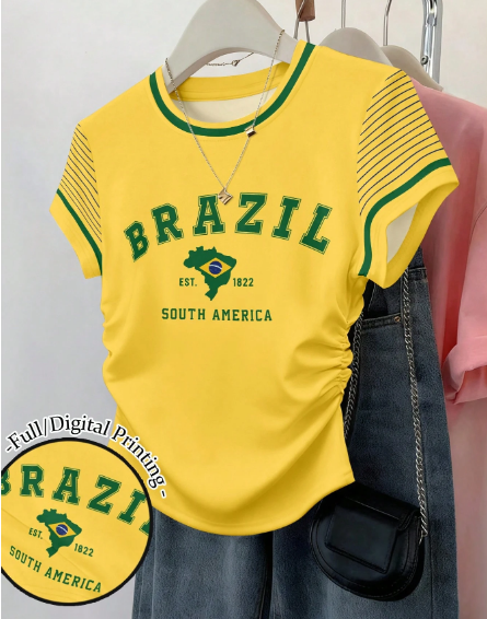 Shein Waist Cinched Short Sleeve Fitted Ruched Waist Top Brazil Print Graphic -.