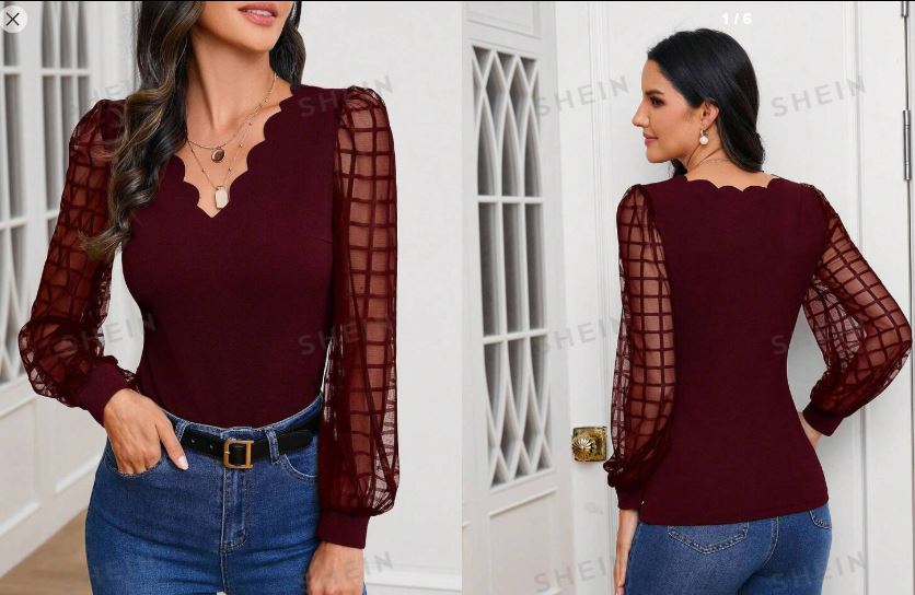 Shein Women's Mesh Splice Shirt With Scalloped Hemline In Neck