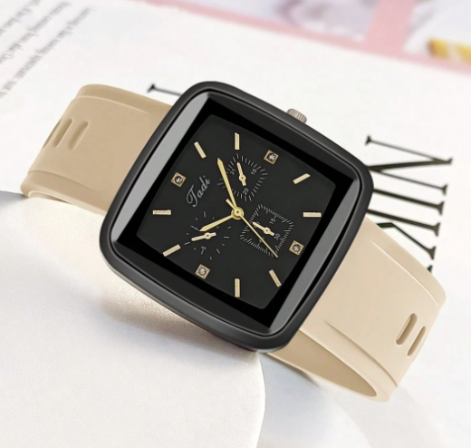Shein 1pc Unisex Square Case Khaki Silicone Strap Quartz Wristwatch >