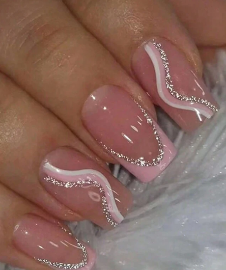Shein 24pcs Medium-Long European Square Pink & White Striped Nail +