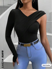 Shein Ladies' Solid Color V-Neck Slim Fit T-Shirt -.