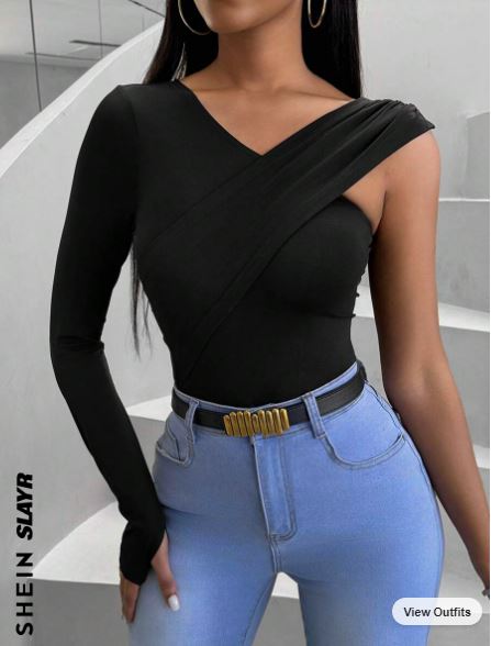 Shein Ladies' Solid Color V-Neck Slim Fit T-Shirt +