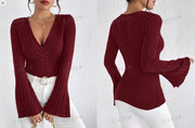 Shein Frenchy Women's Red Textured Fabric Wrap Ribbed Bell Sleeve T-Shirt -.