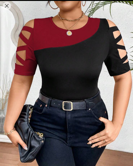 Shein Plus Size Summer Casual Colorblock Mesh Insert Fitted T-Shirt, XXL +