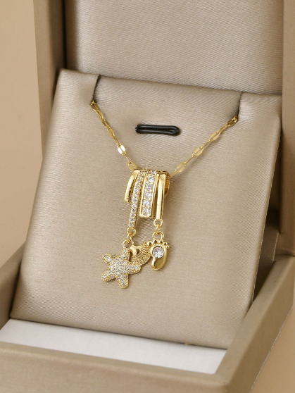 Shein 1pc Fashionable Cubic Zirconia Geometric Stainless Steel Necklace>