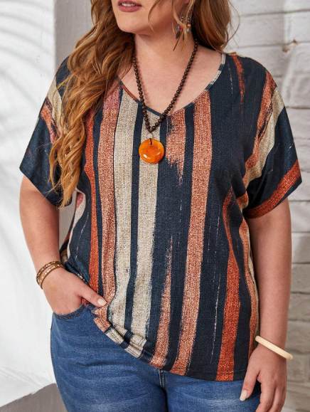 Shein Plus V-Neck Striped Tee, XXL +