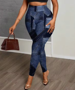 Shein Plus Size Casual Minimalist Full Print Denim Effect Pattern Leggings, 0XL -.