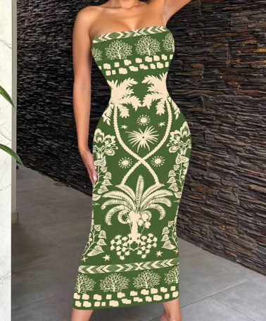 Shein Retro Vintage Bohemian Green Tropical Plant Pattern Bodycon Dress, S +