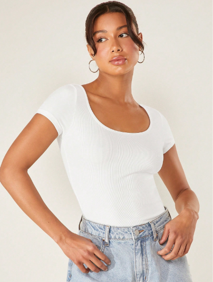 Shein BASICS Solid Rib-Knit Scoop Neck Tee, S +