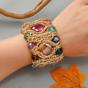 Shein Gold Woven Chain & Multi-Color Faceted Gem Cuff Bracelet