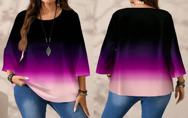 Shein Plus Size Casual Full-Print Loose Fit Round Neck 3/4 Sleeve Blouse, 3XL +