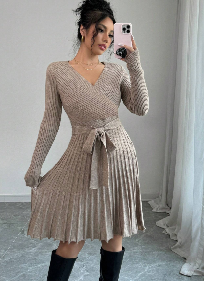 Shein 1pc Solid Color Tie Waist Ruched V-Neck Wrap Sweater Dress, L +